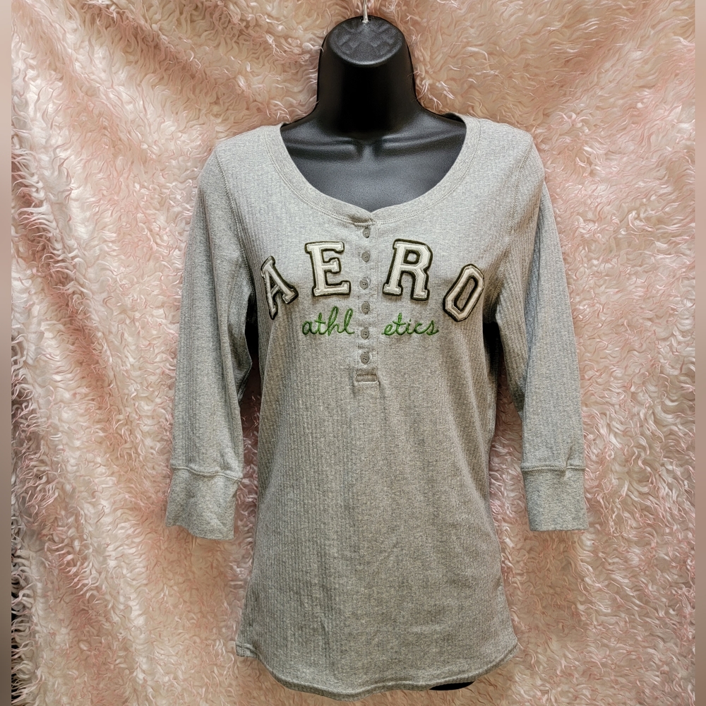 Aeropostale Stretch sz XL Gray White 3/4 Long Sleeve Button Shirt